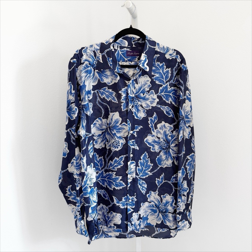 Ralph Lauren Purple Label 100% Silk Shirt Mens 16.5 Blue Floral Button Up Italy